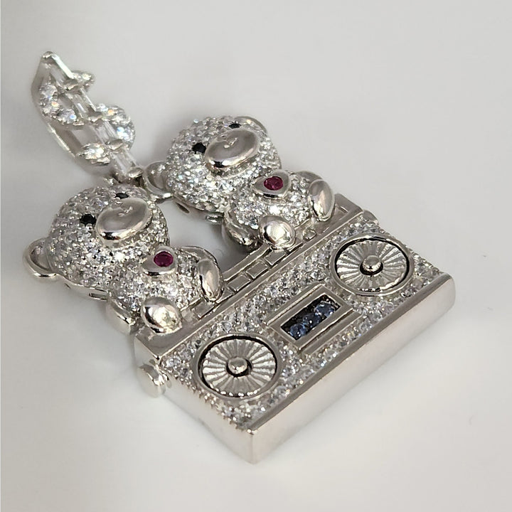 925 Sterling Silver Double Teddy Bear Pendant W/ CZ Accents And Dollar Sign Bail