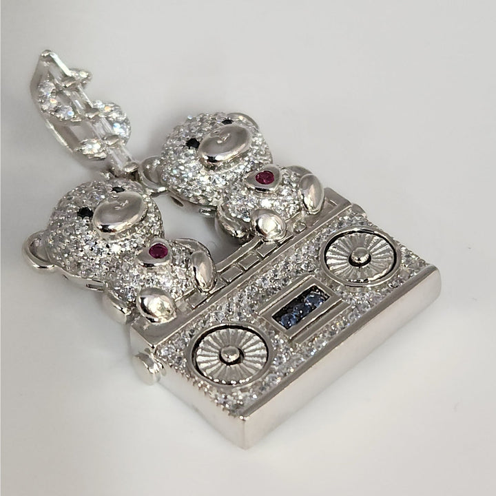 925 Sterling Silver Double Teddy Bear Pendant W/ CZ Accents And Dollar Sign Bail