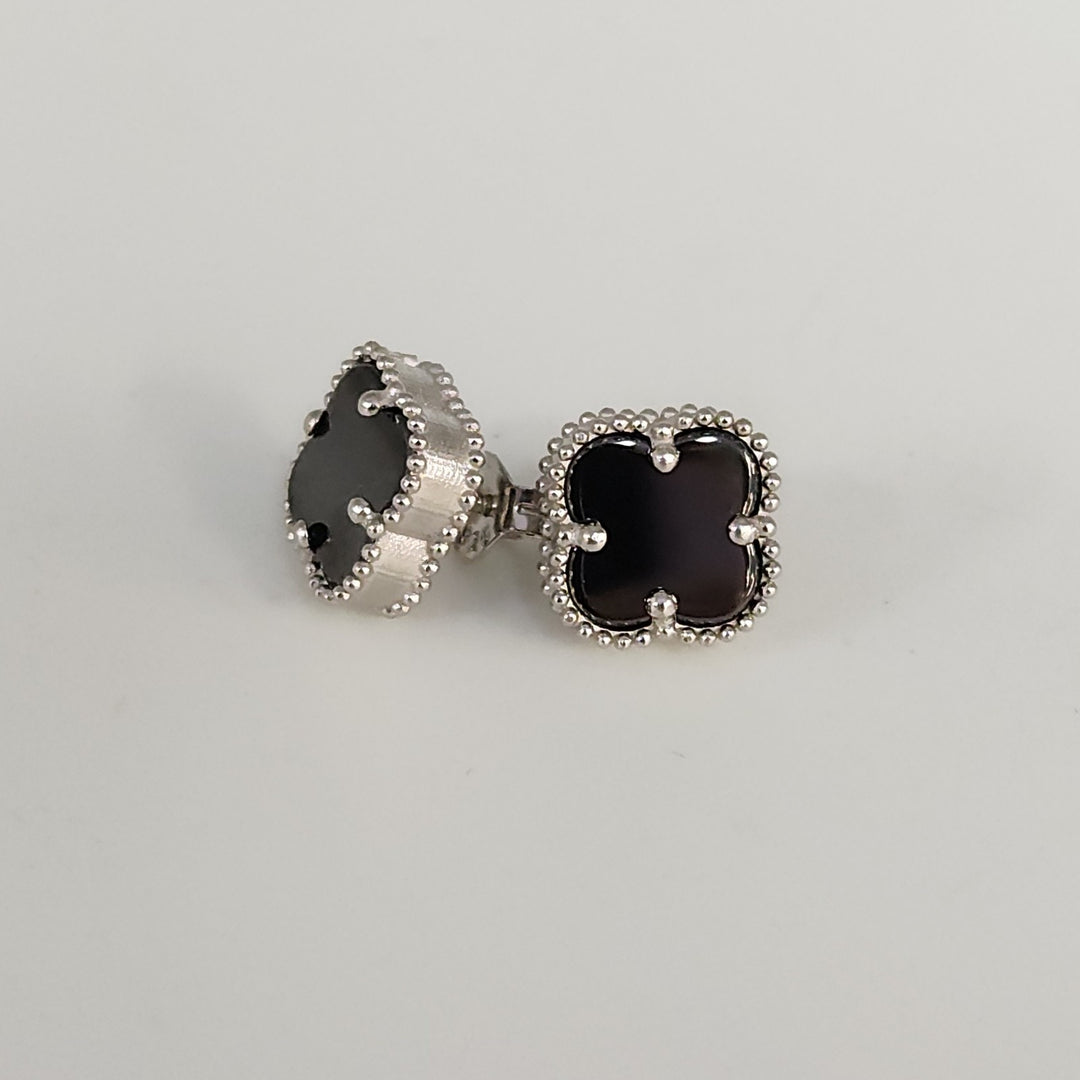 Fashion Silver Onyx Clover Motifs Stud Earrings
