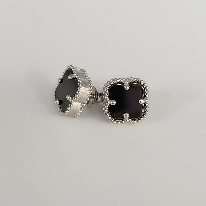Fashion Silver Onyx Clover Motifs Stud Earrings