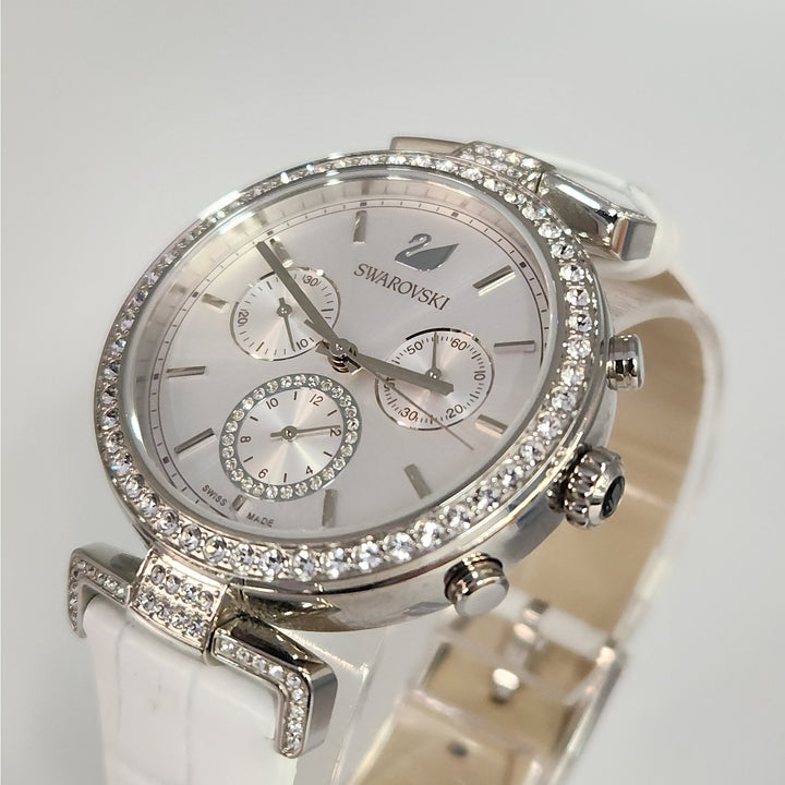 Swarovski Crystal Chronograph Stainless Steel White Leather Strap Watch