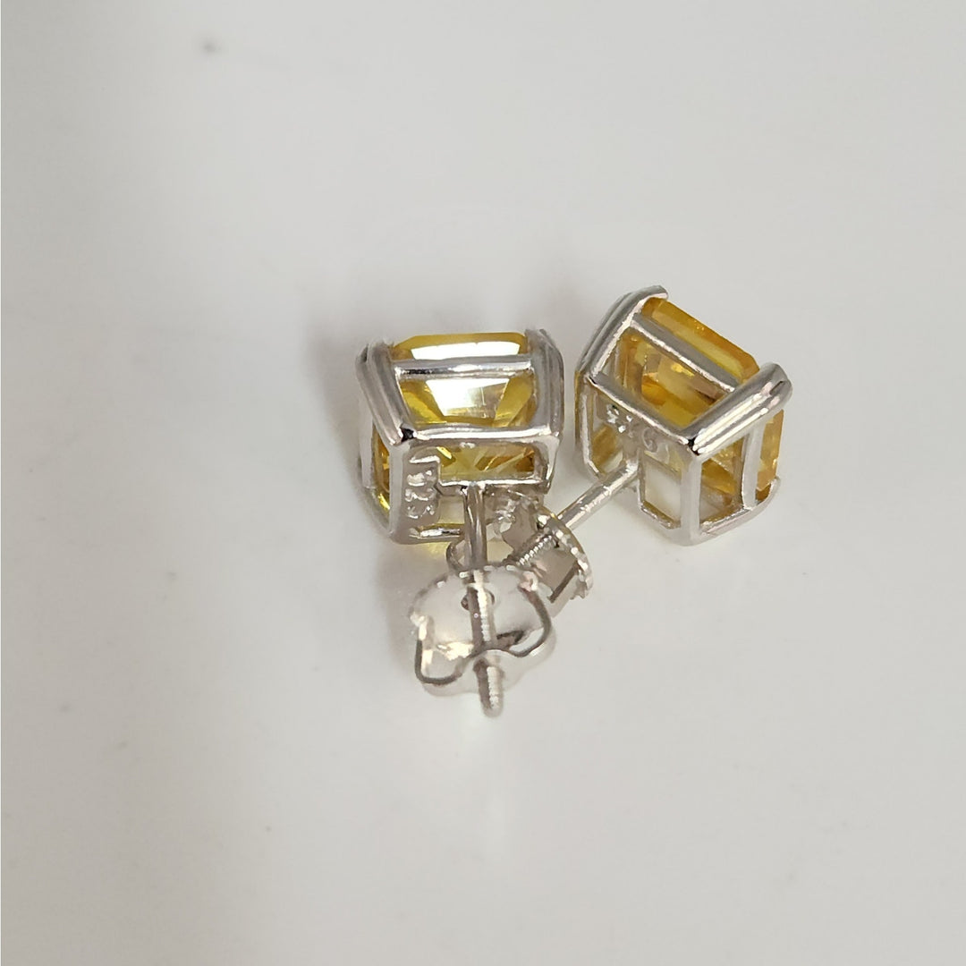925 Sterling Silver Yellow Asscher Cut CZ stud Earrings