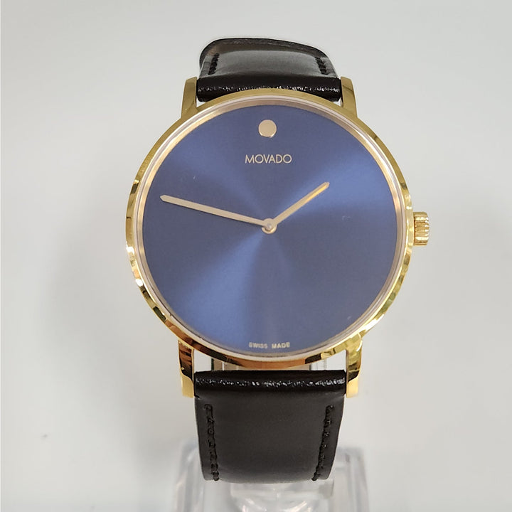 Movado Museum Classic Swiss Made Watch Blue Dial Gold -Tone Case, Brown Leather Strap Box & Tag