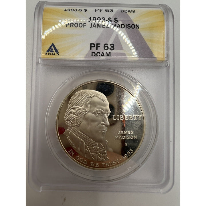 1993-S $ One Dollar PROOF JAMES MADISON PF 63 DCAM ANACS
