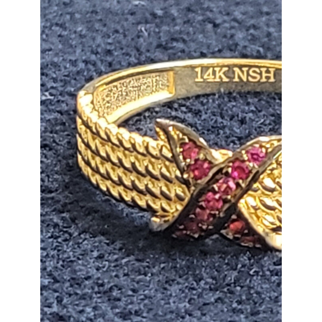 14k Gold Rope Design Band Ring With X Pink Gemstone 2.4g Of Gold