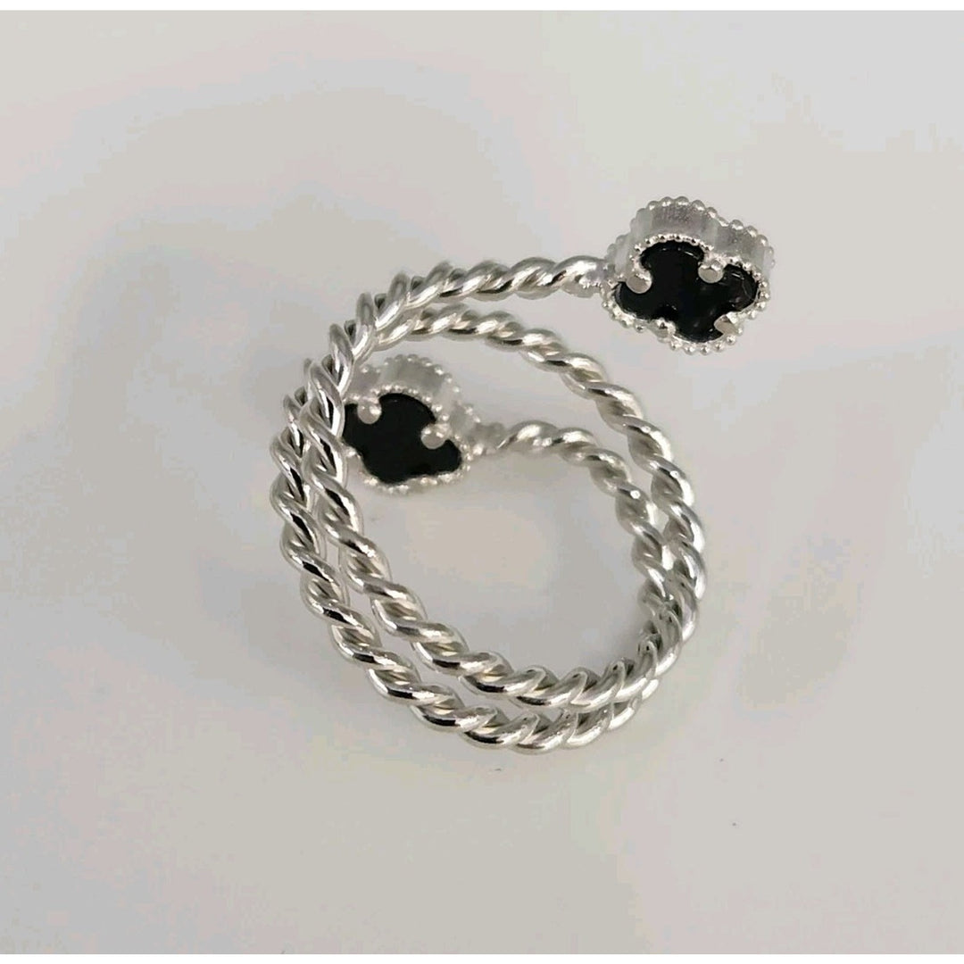 Elegant Silver Double Onyx Clover Adjustable Ring