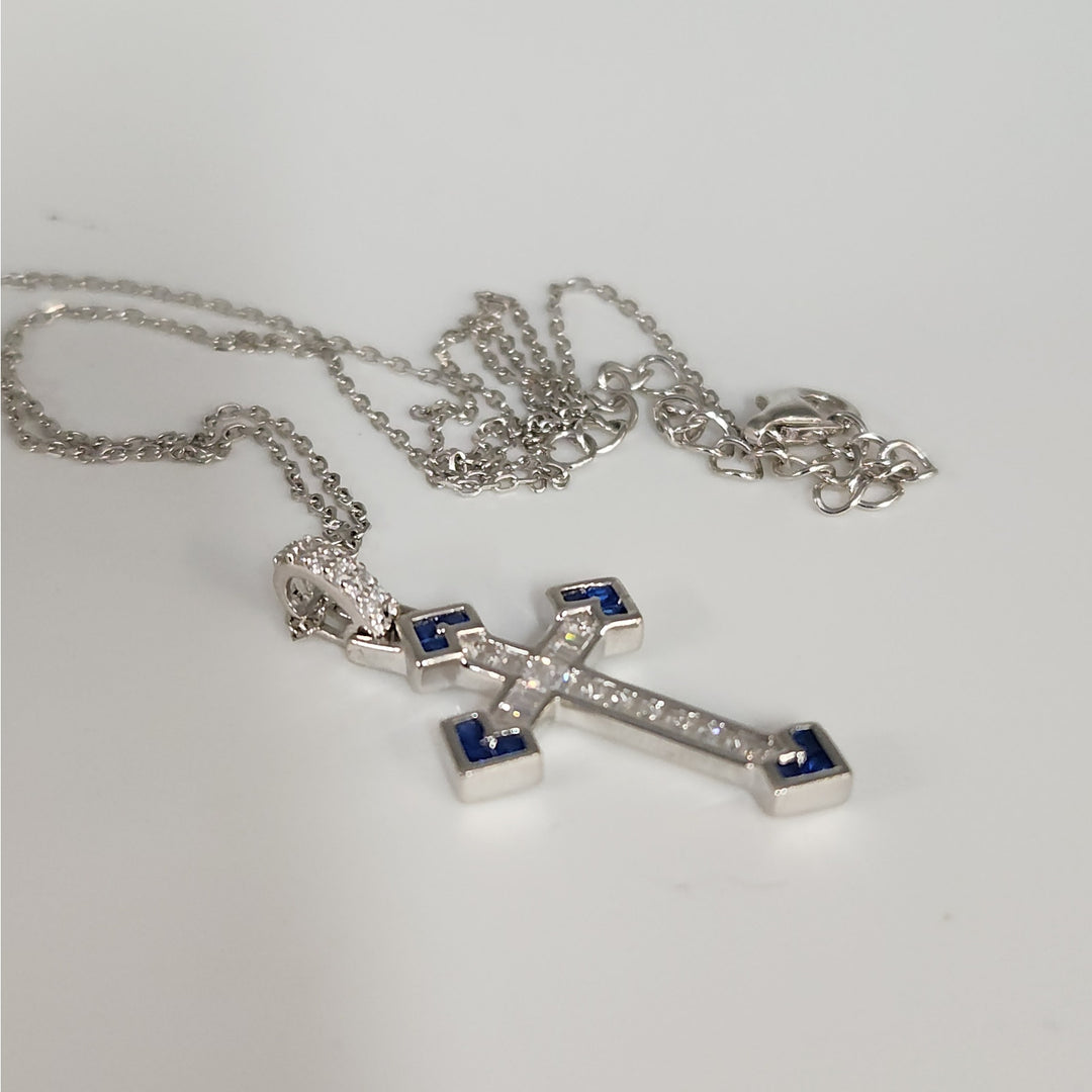 Elegant 925 Sterling Silver Cross Pendant Necklace Baguette CZ & Blue Sapphires