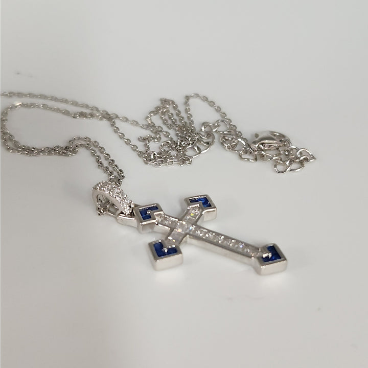 Elegant 925 Sterling Silver Cross Pendant Necklace Baguette CZ & Blue Sapphires
