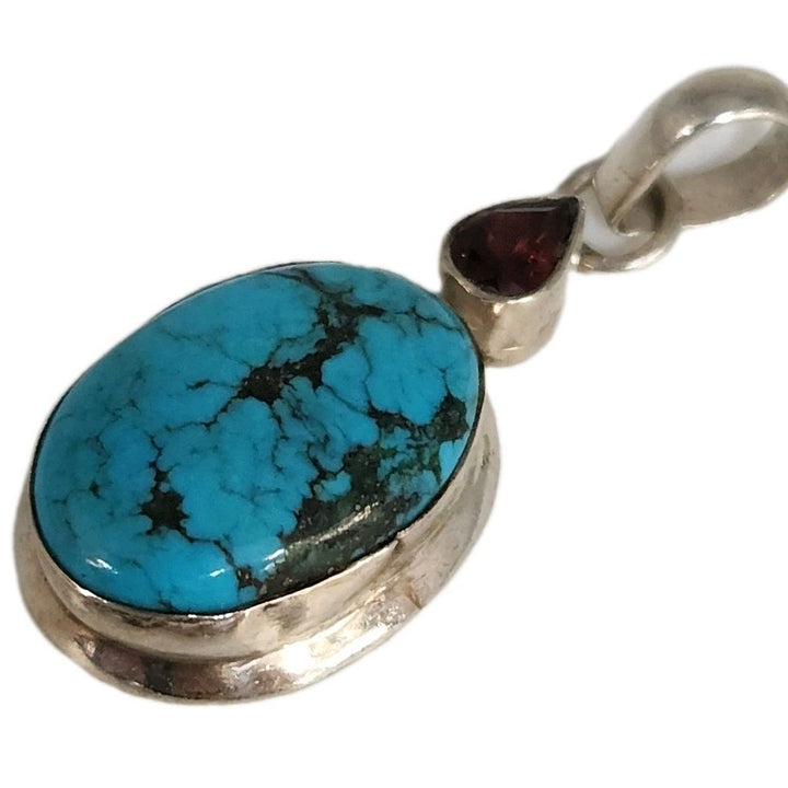Artisan 925 Sterling Silver Pendant With Turquoise Stone & Garnet Teardrop