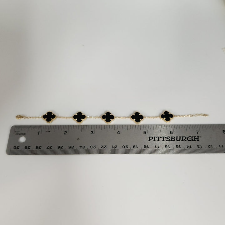 14k Yellow Gold Fashion Onyx Flowers Bracelet 7.5"