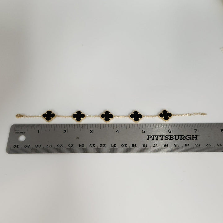 14k Yellow Gold Fashion Onyx Flowers Bracelet 7.5"