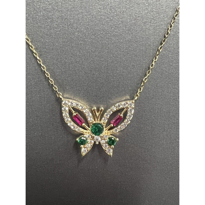 14k Gold Butterfly Multi Colored Gemstone 18in Necklace