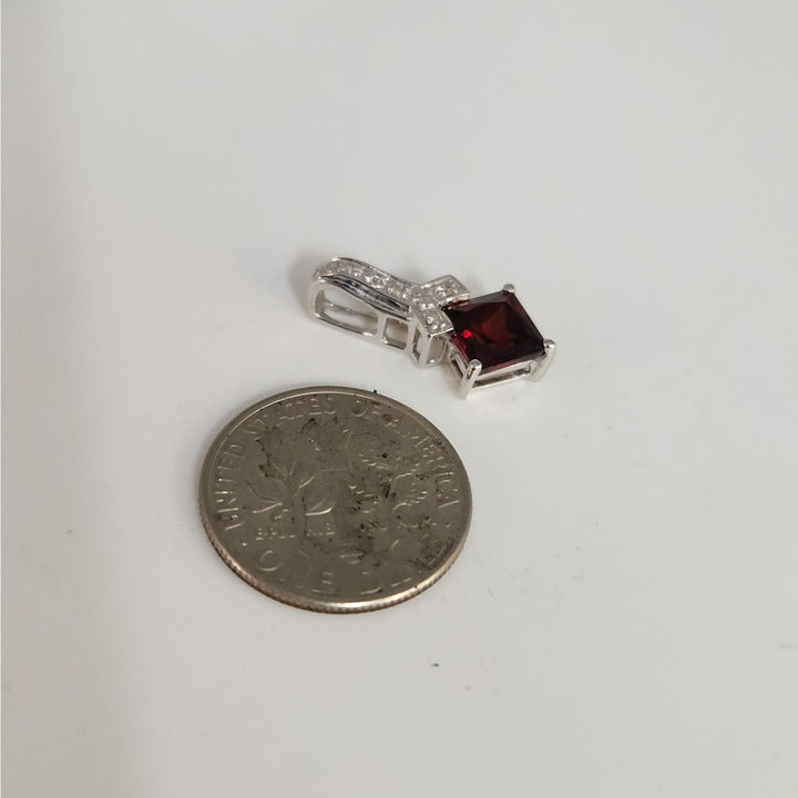 14k White Gold Natural Garnet & Diamond Pendant Princess Cut