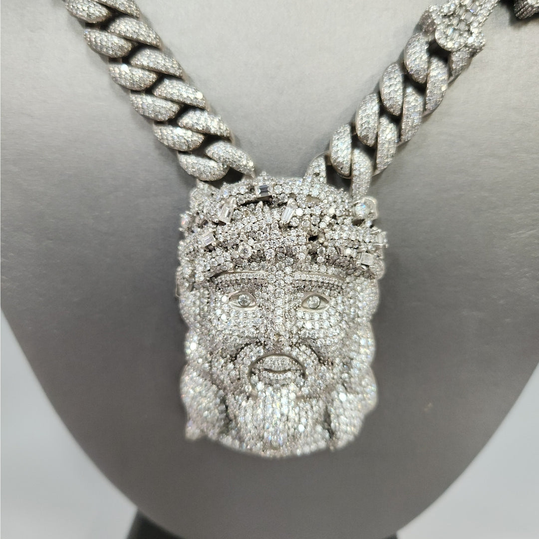 22" 925 Sterling Silver Iced Cuban Link Chain Jesus Head & Double Cross Pendants