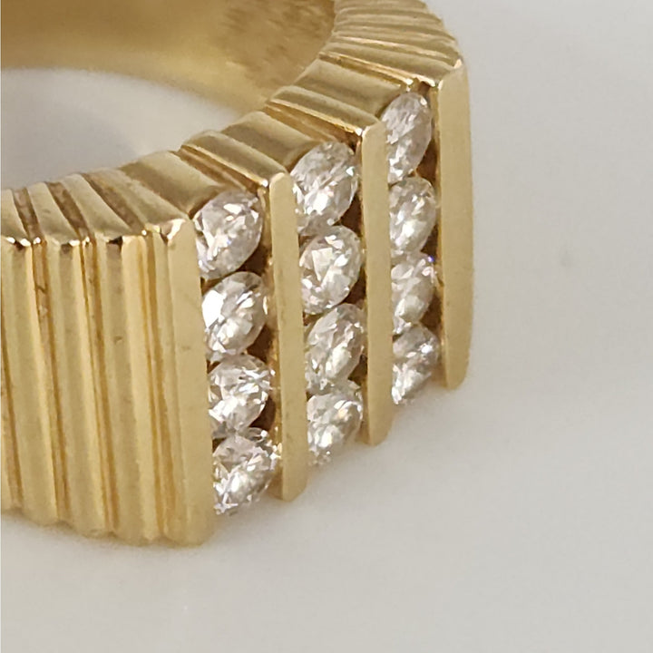 14k Yellow Gold Diamond Wide Ribbed Band Ring Multi Row Round Diamonds Ring