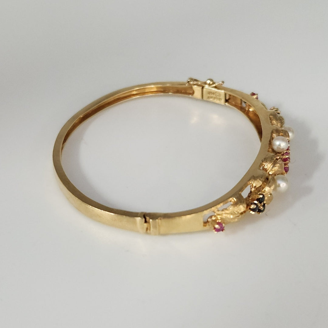 Set Of Antique 14k Yellow Gold Diamond,Pearls,Ruby &Sapphire Bangle Bracelets
