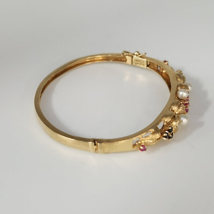 Set Of Antique 14k Yellow Gold Diamond,Pearls,Ruby &Sapphire Bangle Bracelets