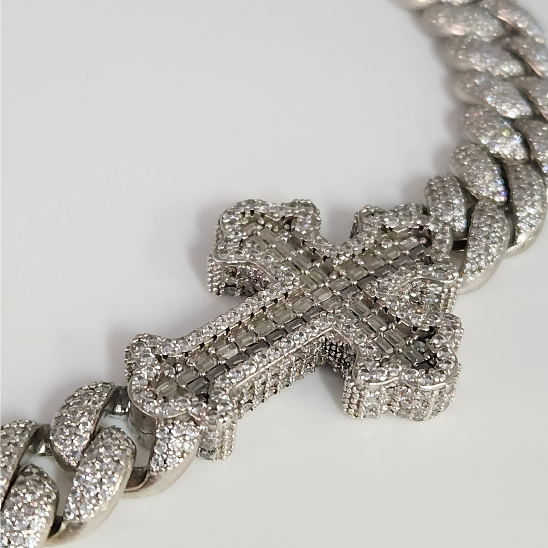 22" 925 Sterling Silver Iced Cuban Link Chain Jesus Head & Double Cross Pendants