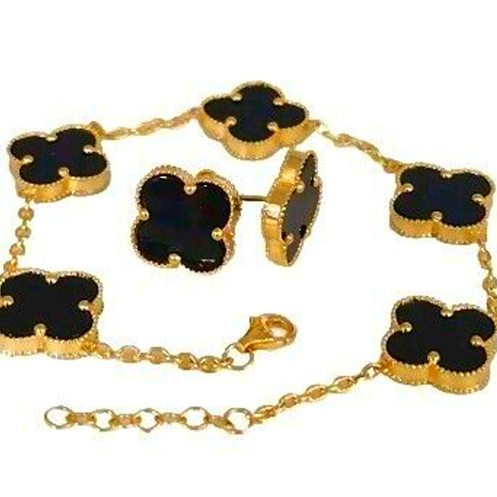 14k Yellow Gold Set Of Onyx Clover Flowers Bracelet 7.5" And Earrings