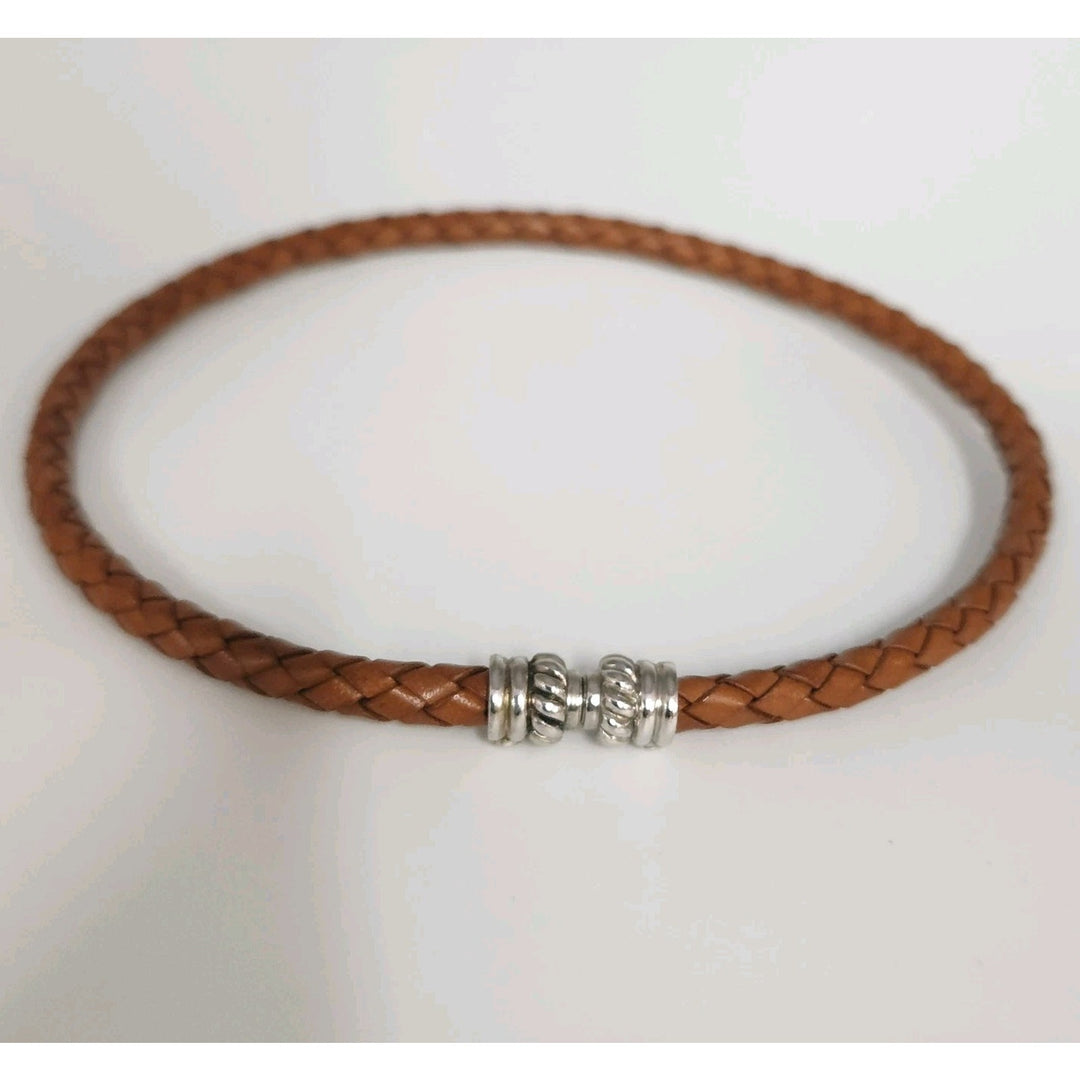 Judith Ripka Braided Brown Leather Choker With Sterling Magnet Clasp 15.5"