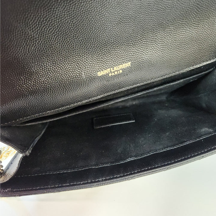 Saint Lauren YSL Black Quilted Envelope Wallet /Crossbody Bag W/ Gold Hardware
