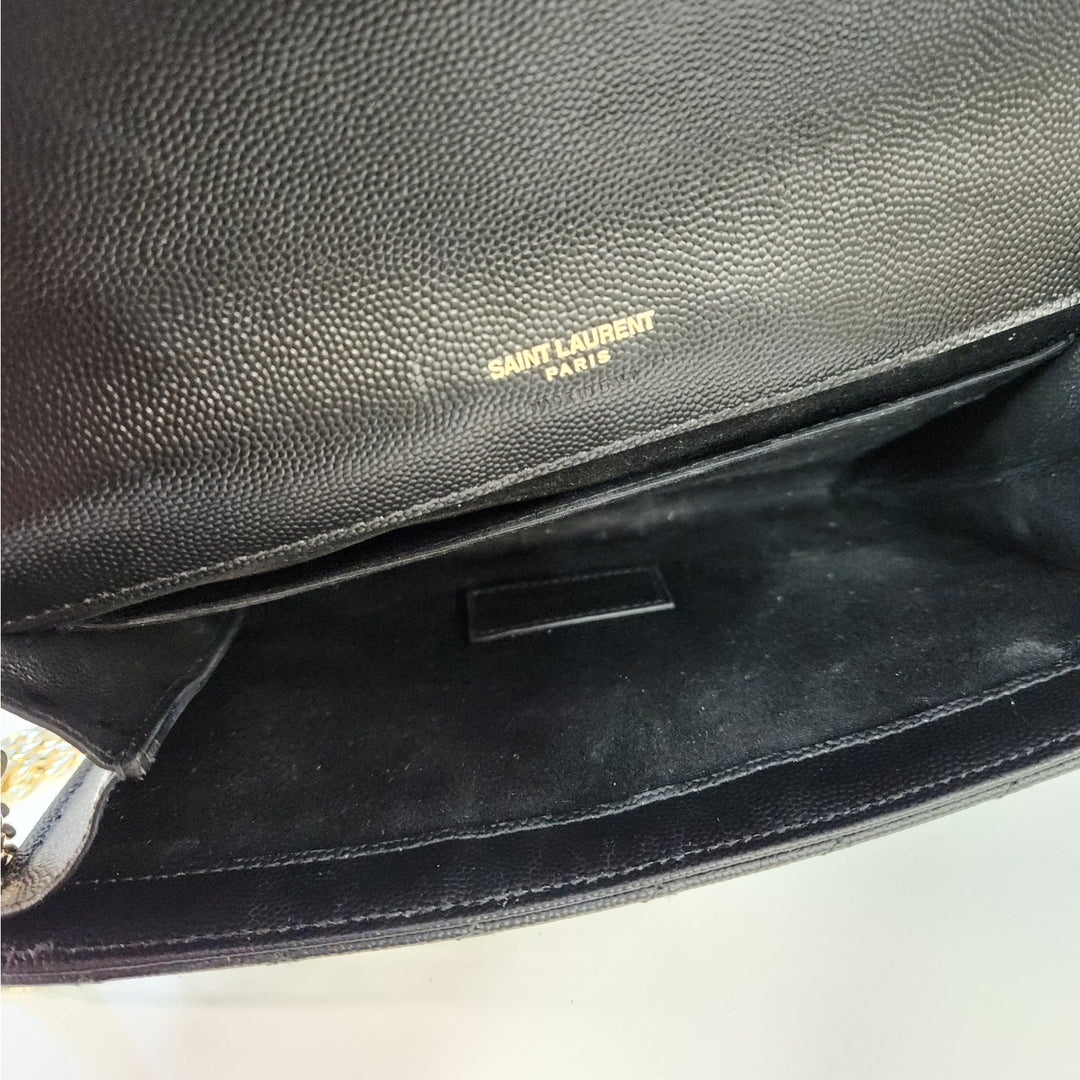 Saint Lauren YSL Black Quilted Envelope Wallet /Crossbody Bag W/ Gold Hardware