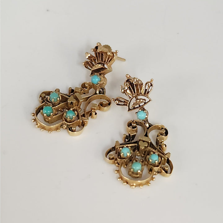 Vintage 14k Yellow Gold & blue Turquoise chandelier Stud Earrings