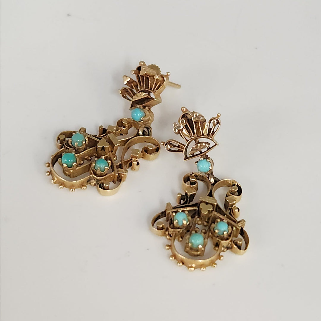 Vintage 14k Yellow Gold & blue Turquoise chandelier Stud Earrings