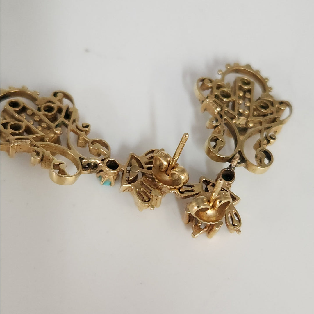 Vintage 14k Yellow Gold & blue Turquoise chandelier Stud Earrings