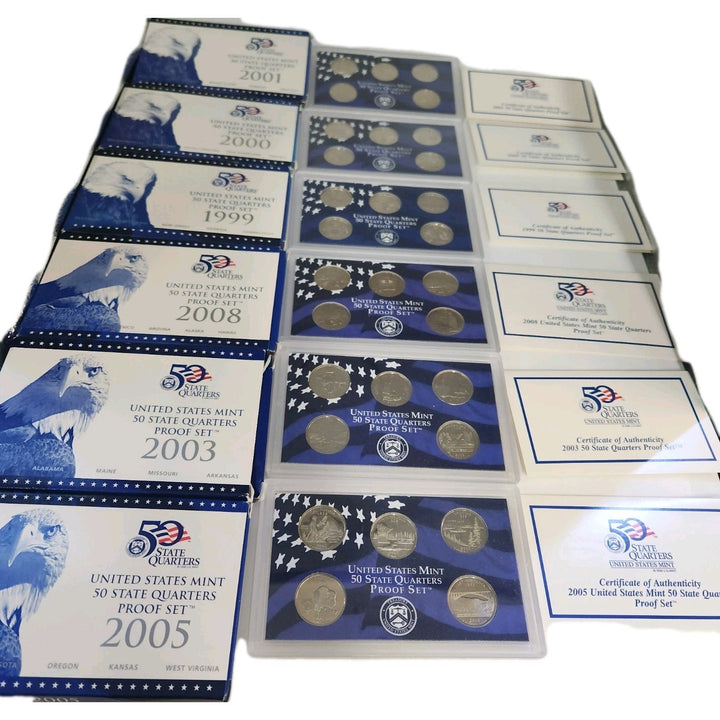 US Mint State Quarter Proof Sets 1999, 2000, 2001, 2003, 2005, 2008