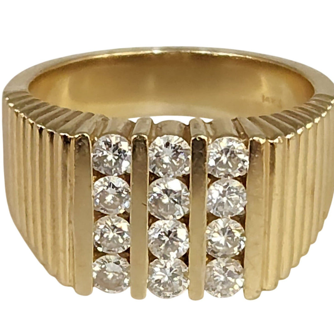 14k Yellow Gold Diamond Wide Ribbed Band Ring Multi Row Round Diamonds Ring