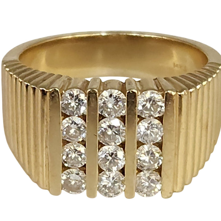 14k Yellow Gold Diamond Wide Ribbed Band Ring Multi Row Round Diamonds Ring