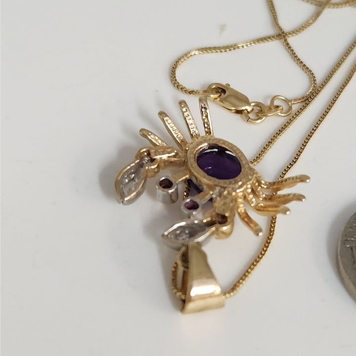 10K Yellow Gold Crab Pendant with purple Cabochon Pink Stone Accents with necklace 18"