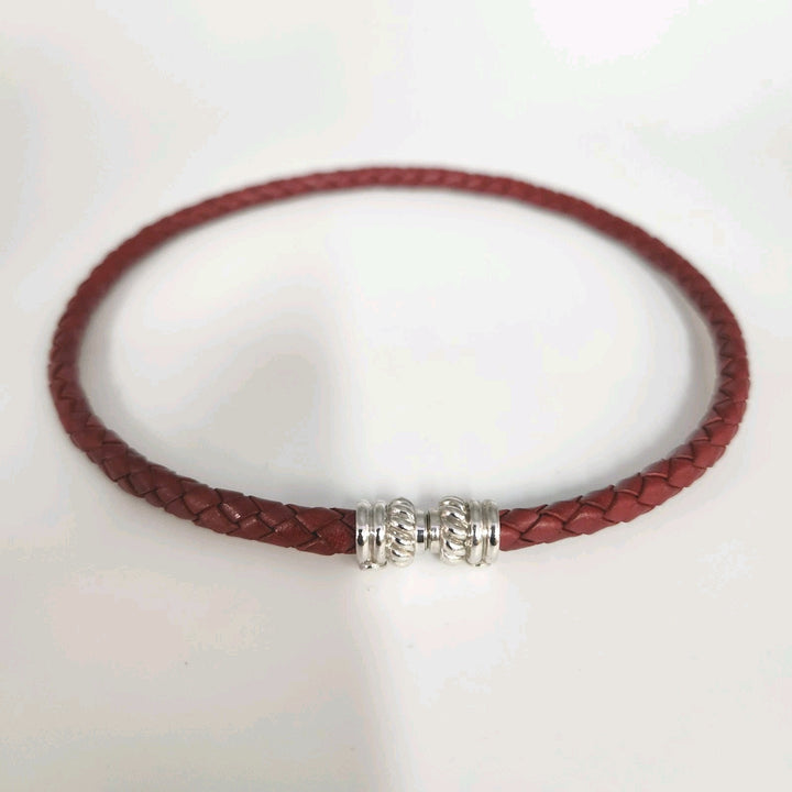 Judith Ripka Braided Red Leather Choker With Sterling Magnet Clasp 15.5"