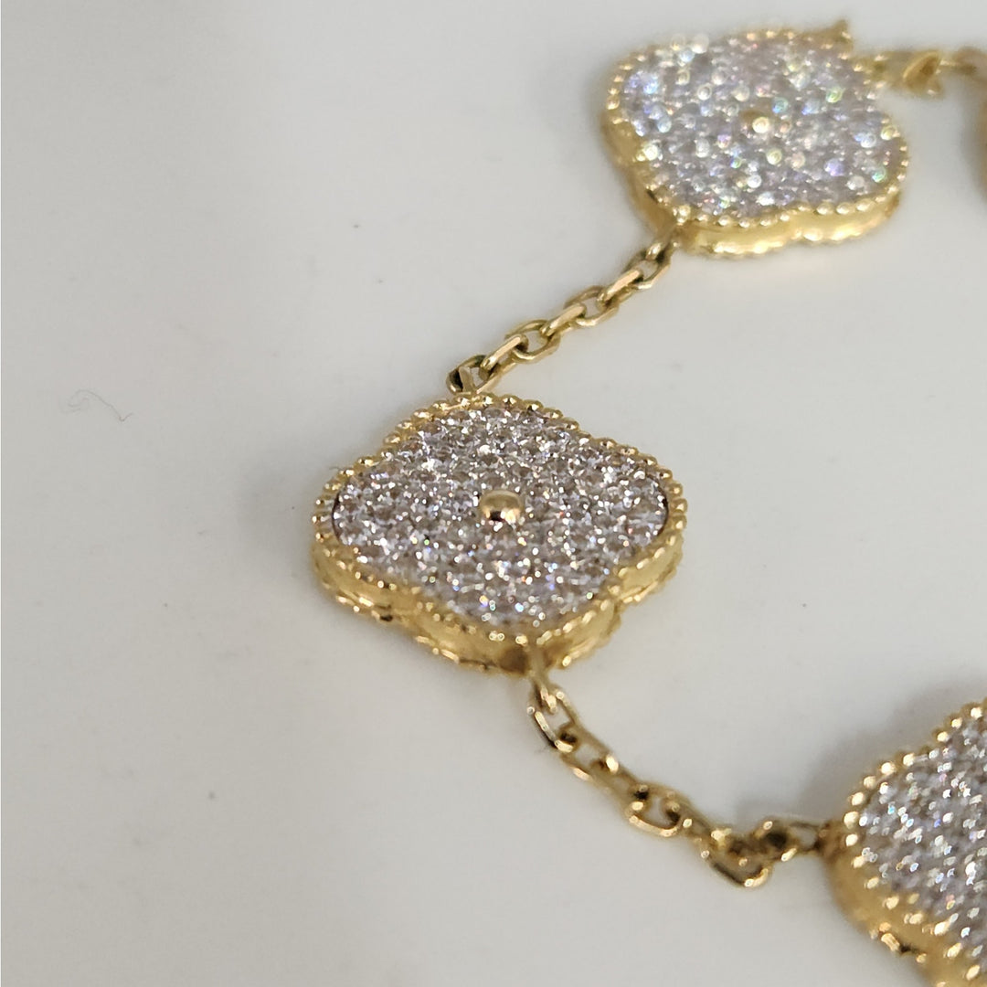 Fashion 14k Gold And Zirconia Solid Flower Clover Bracelet 7.5”