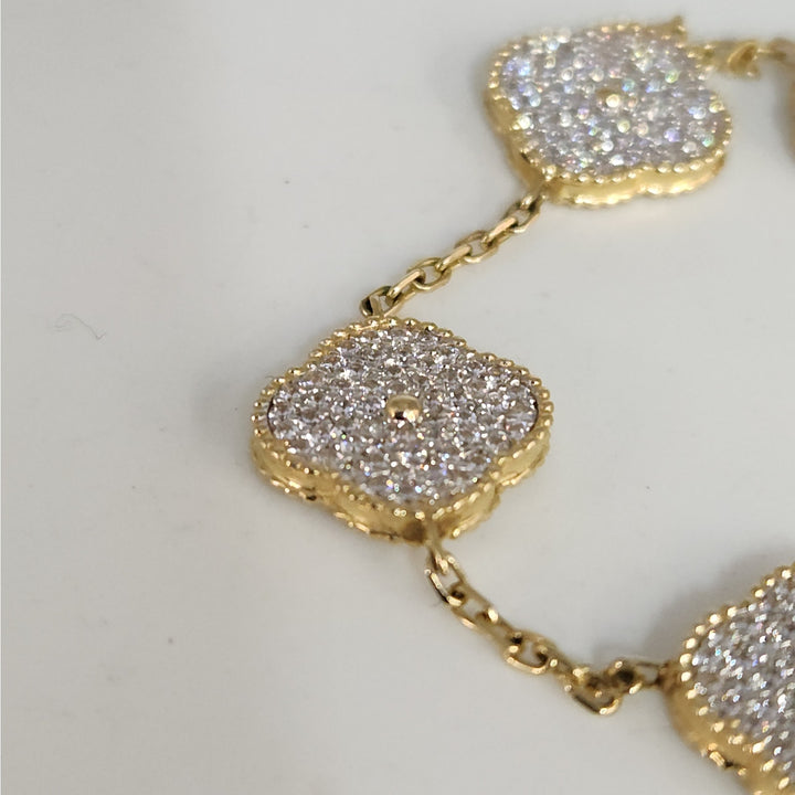Fashion 14k Gold And Zirconia Solid Flower Clover Bracelet 7.5”