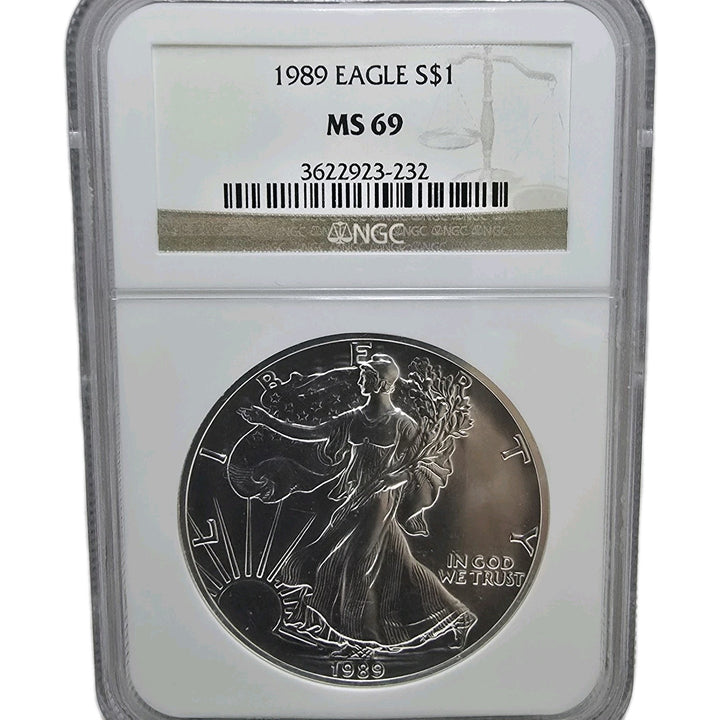 1989 American Silver Eagle, 1 Oz Fine .999 Silver USA Uncirculated $1 NGC MS69