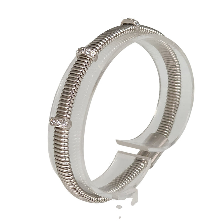 925 Sterling Silver Ribbed Cuff Bracelet with CZ Accents 7.2"