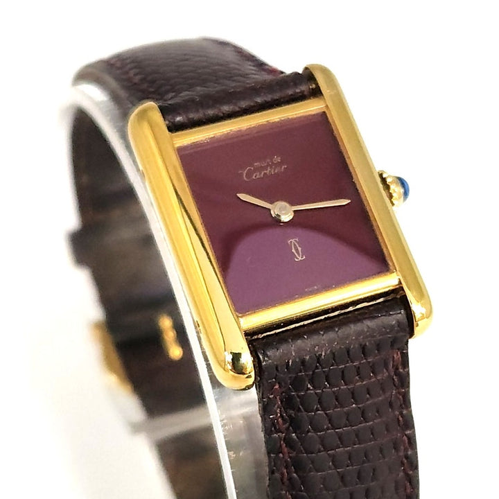 Vintage Cartier Paris Tank Vermeil Quartz Watch  Burgundy Dial Swiss Made
