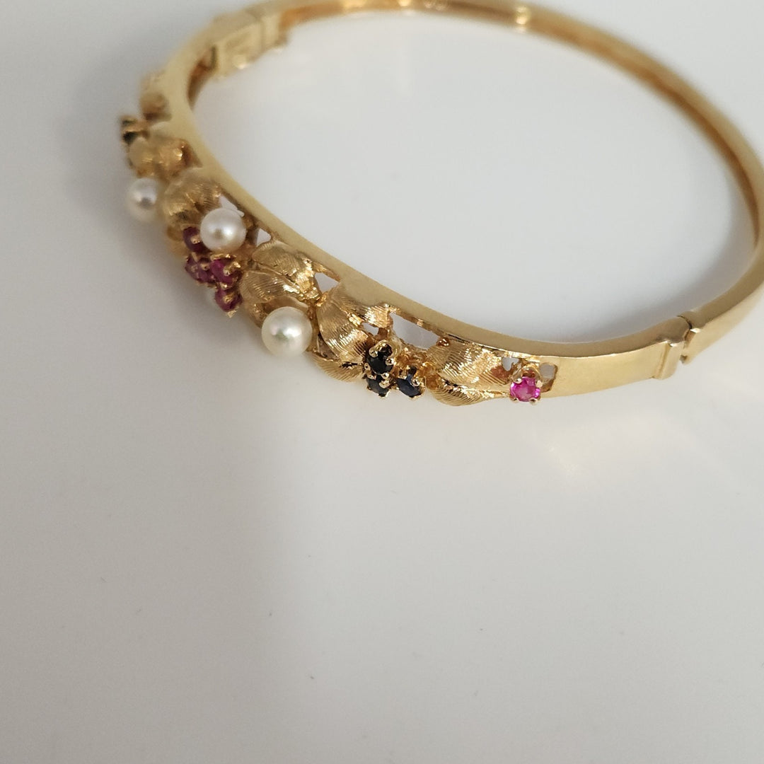 Antique 14k Yellow Gold Pearls,Ruby & Sapphire Bangle Bracelets