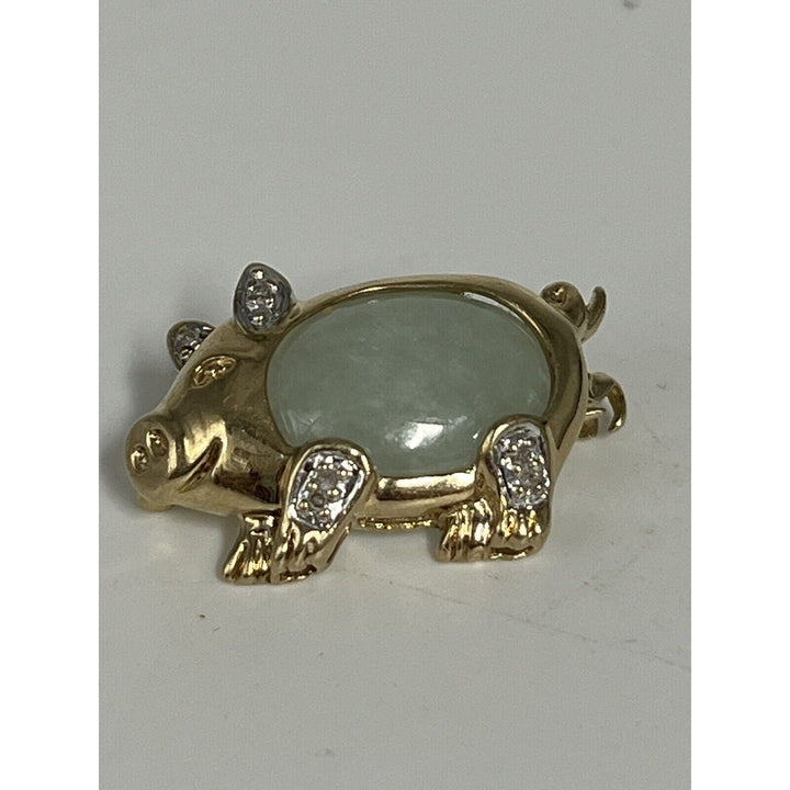 10k Yellow Gold Jade & Diamond Pig Brooch pin And Pendant