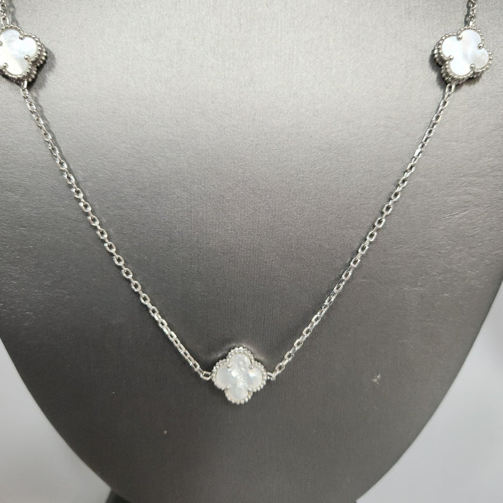 Fashion Silver Mother Of Pearl Clover Motifs Necklace 21"