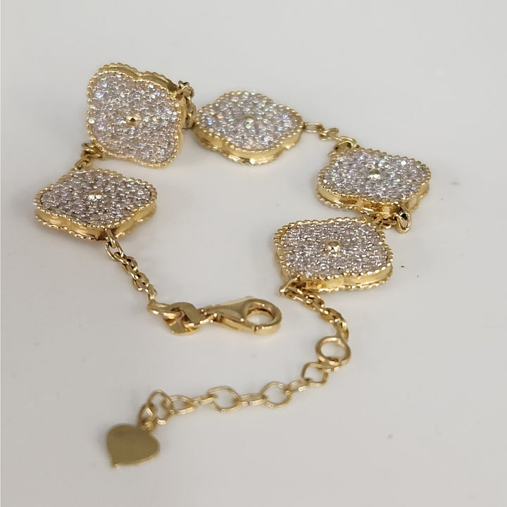 Fashion 14k Gold And Zirconia Solid Flower Clover Bracelet 7.5”