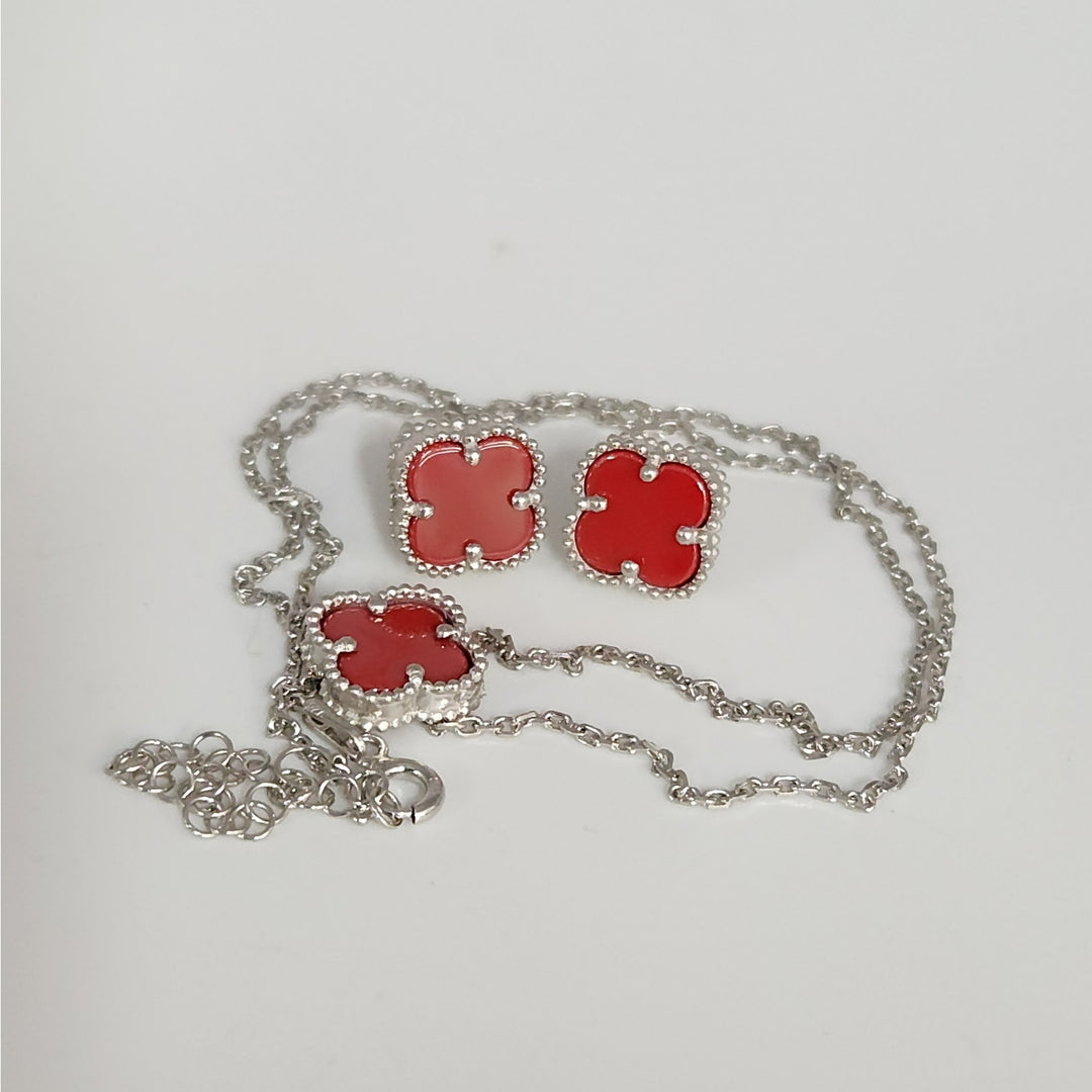925 Sterling Silver Red Agate Flowers Pendant Necklace And Earrings