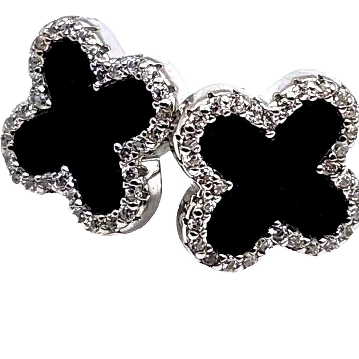 925 Sterling Silver Onyx Zirconia Flowers Stud Earrings B