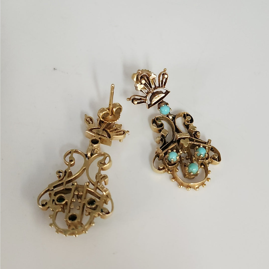 Vintage 14k Yellow Gold & blue Turquoise chandelier Stud Earrings
