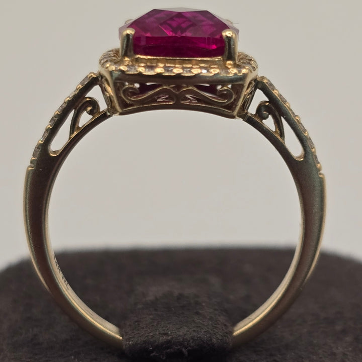 14K Gold Ruby & Diamond Halo Ring 3.0g Size 6.75 Cushion Cut Ring