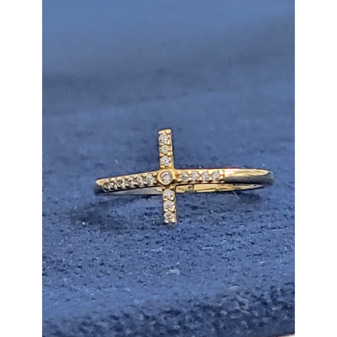 14k Gold Beaded Sideways Cross Ring