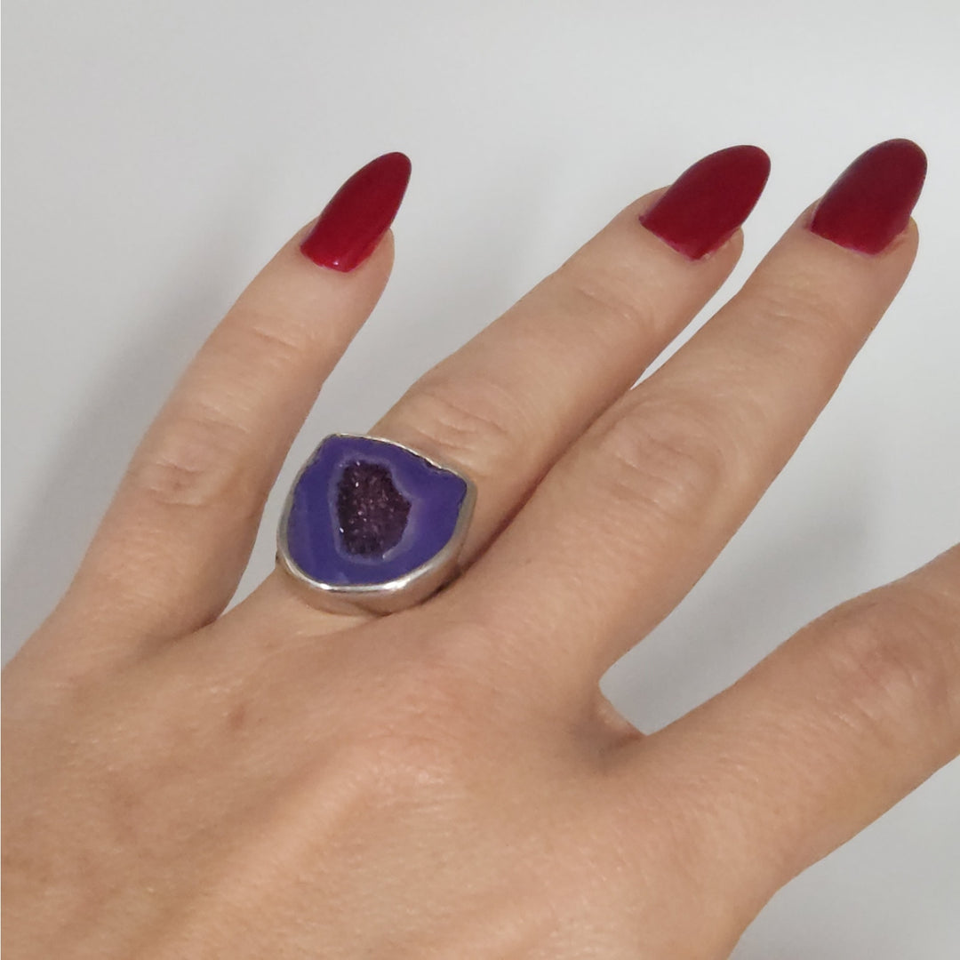 Sterling Silver Heat-Treated Purple Druzy Agate Statement Ring Size 8