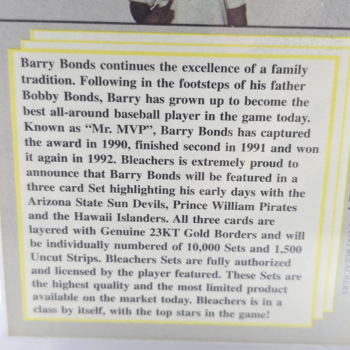 Barry Bonds 1993 Bleachers National Promo 23KT Gold 1/2500 FGA GEM MT 10 B2